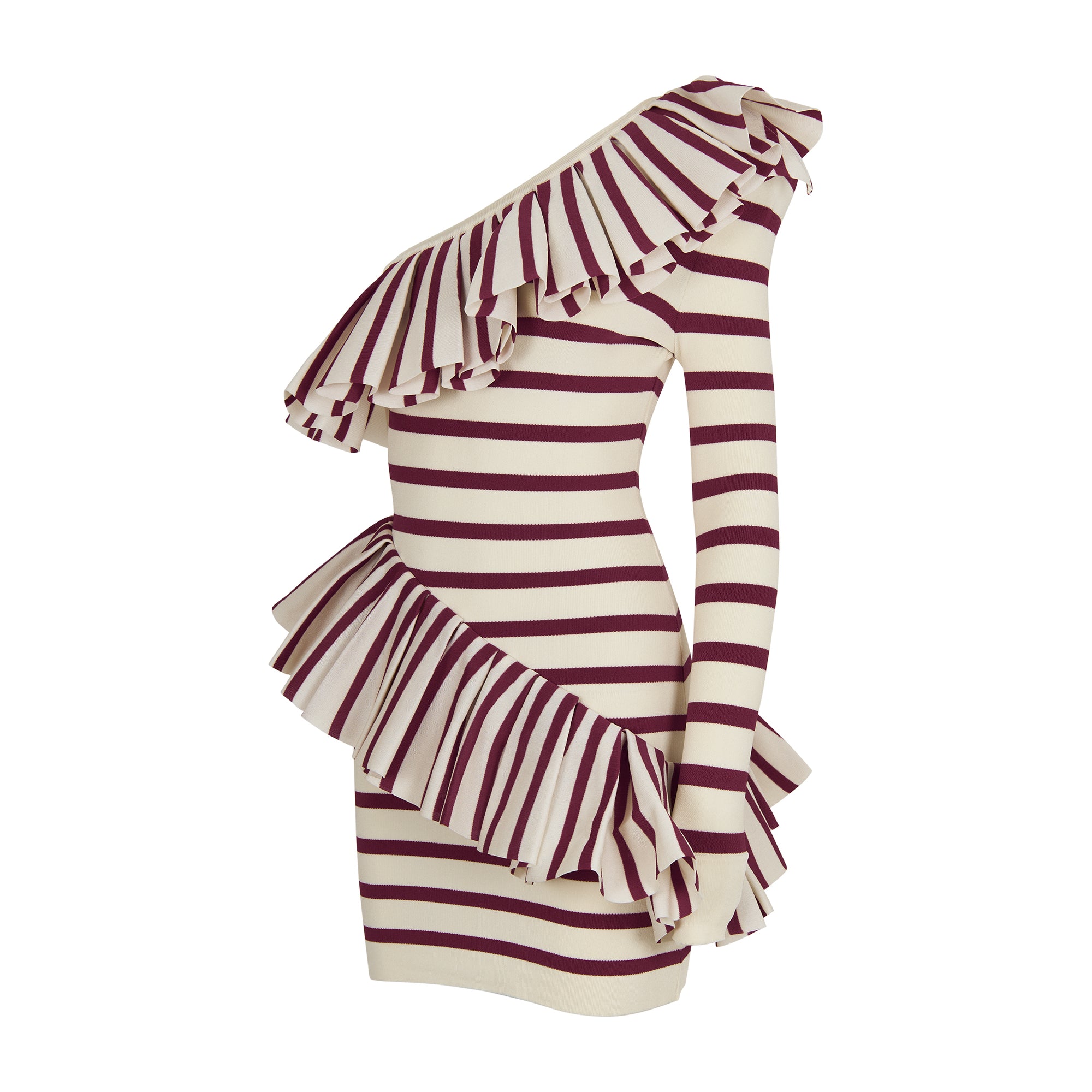 Balmain Asymmetric Ruffle-trimmed Striped Dress