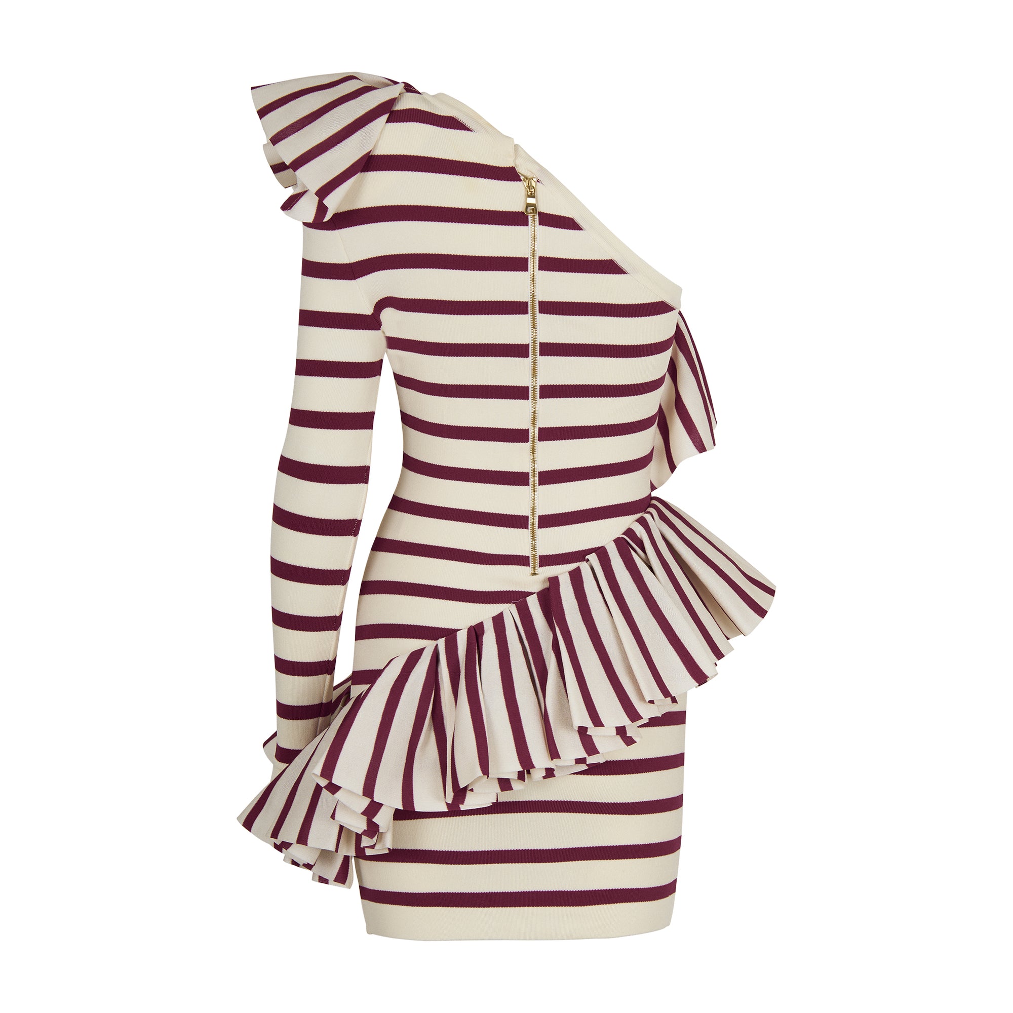 Balmain Asymmetric Ruffle-trimmed Striped Dress