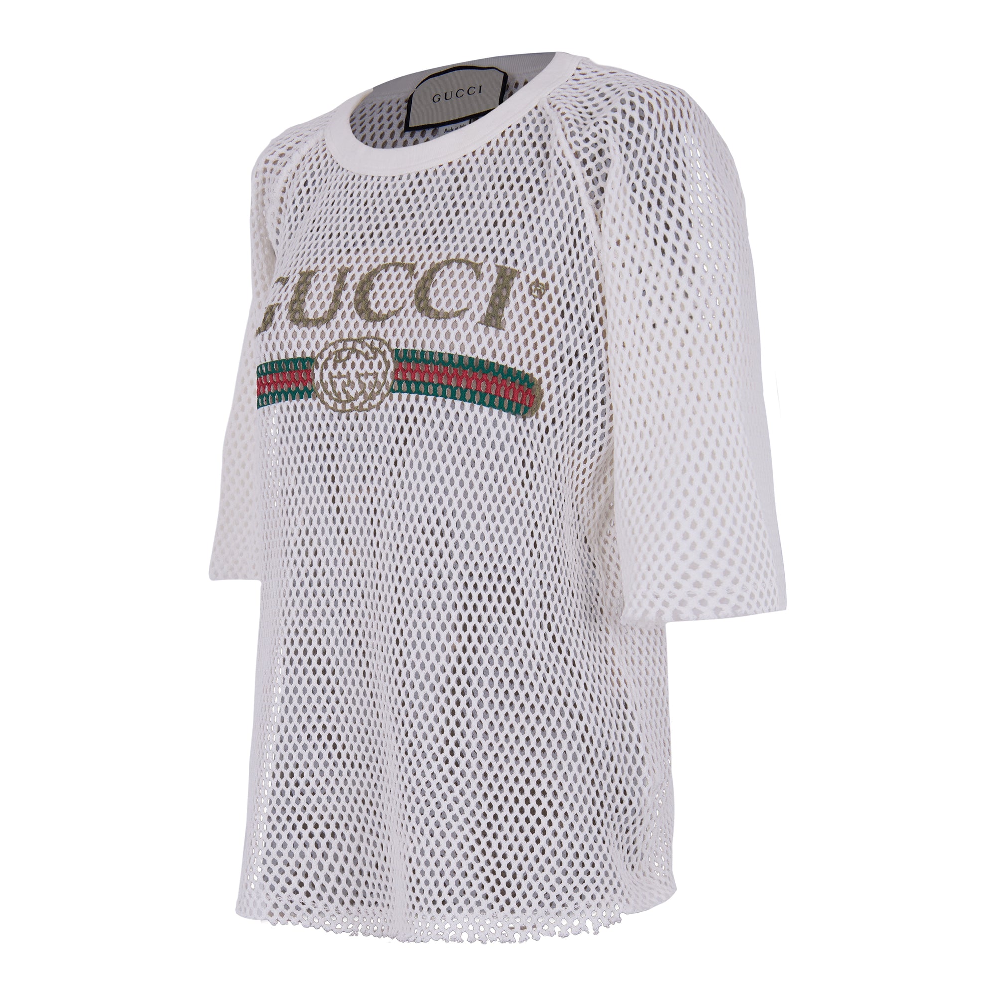 Gucci White Logo Print Cotton Mesh Tshirt