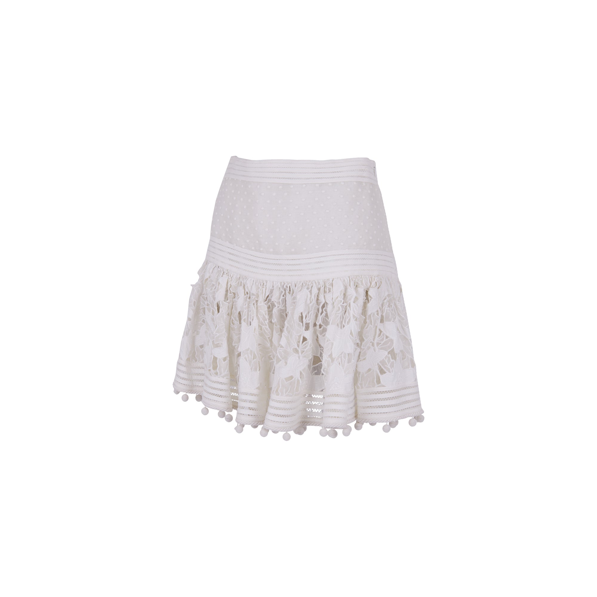 Zimmerman  White Corsage Pompom-embellished Guipure Lace And Swiss Dot-tulle Mini