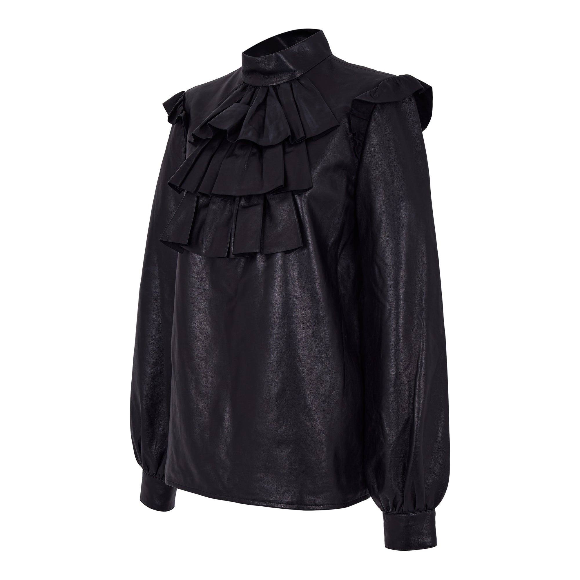 Saint Laurent Black Leather Ruffled Blouse