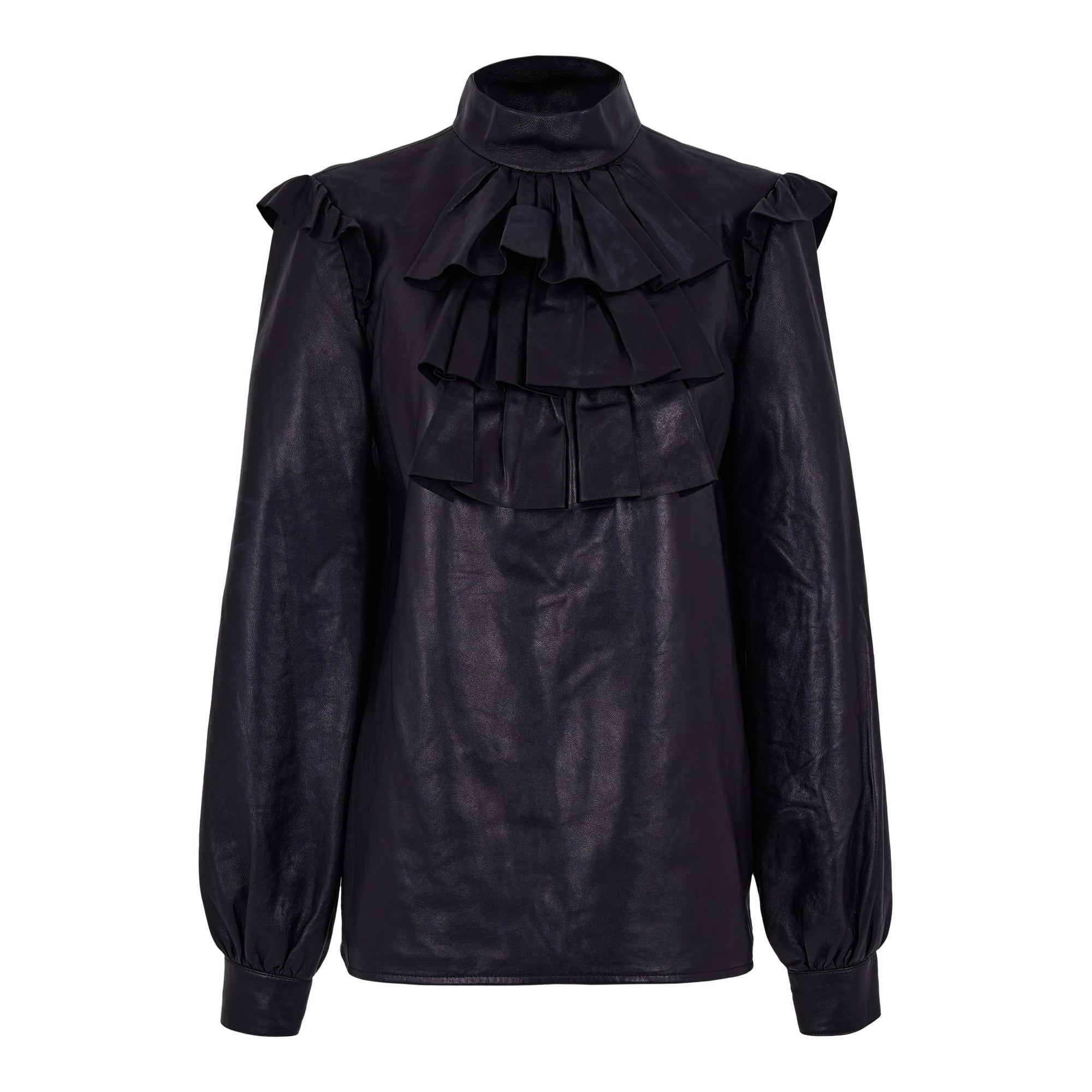 Saint Laurent Black Leather Ruffled Blouse