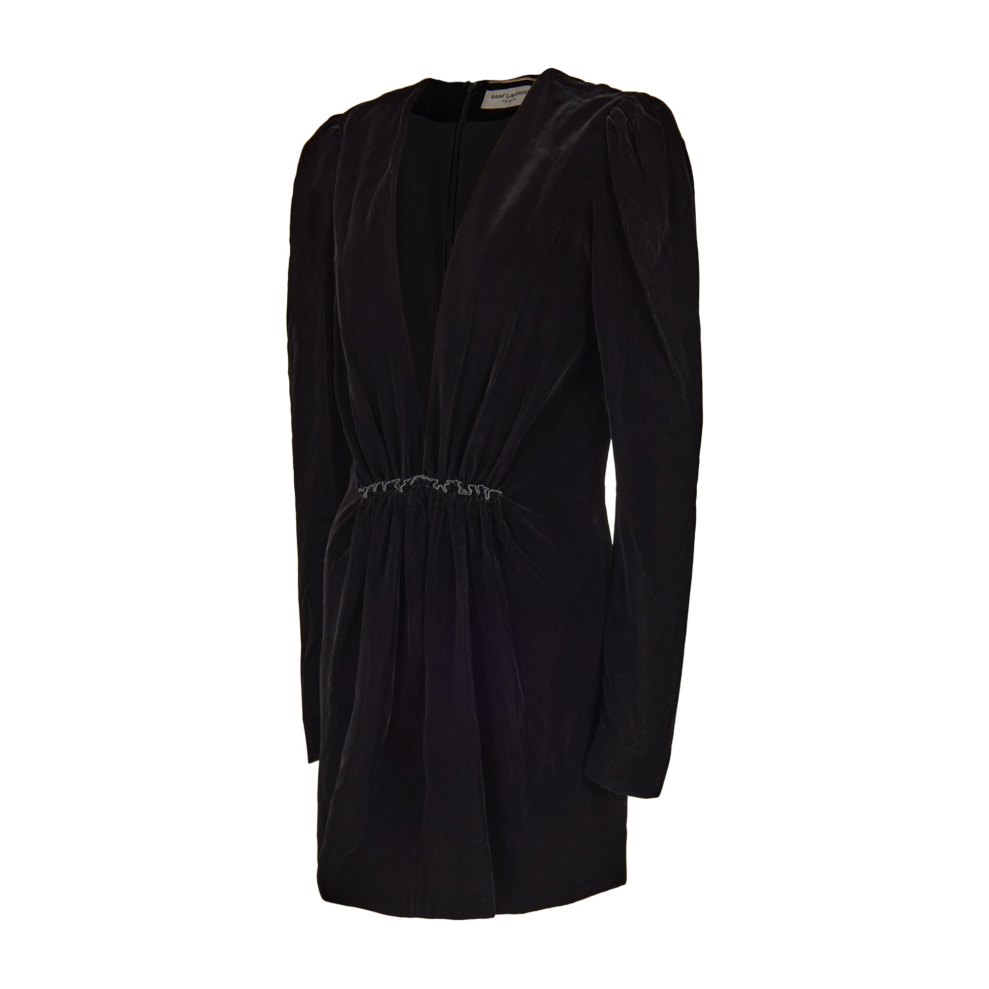 Saint Laurent Black Long Sleeve Velvet V Neck Dress