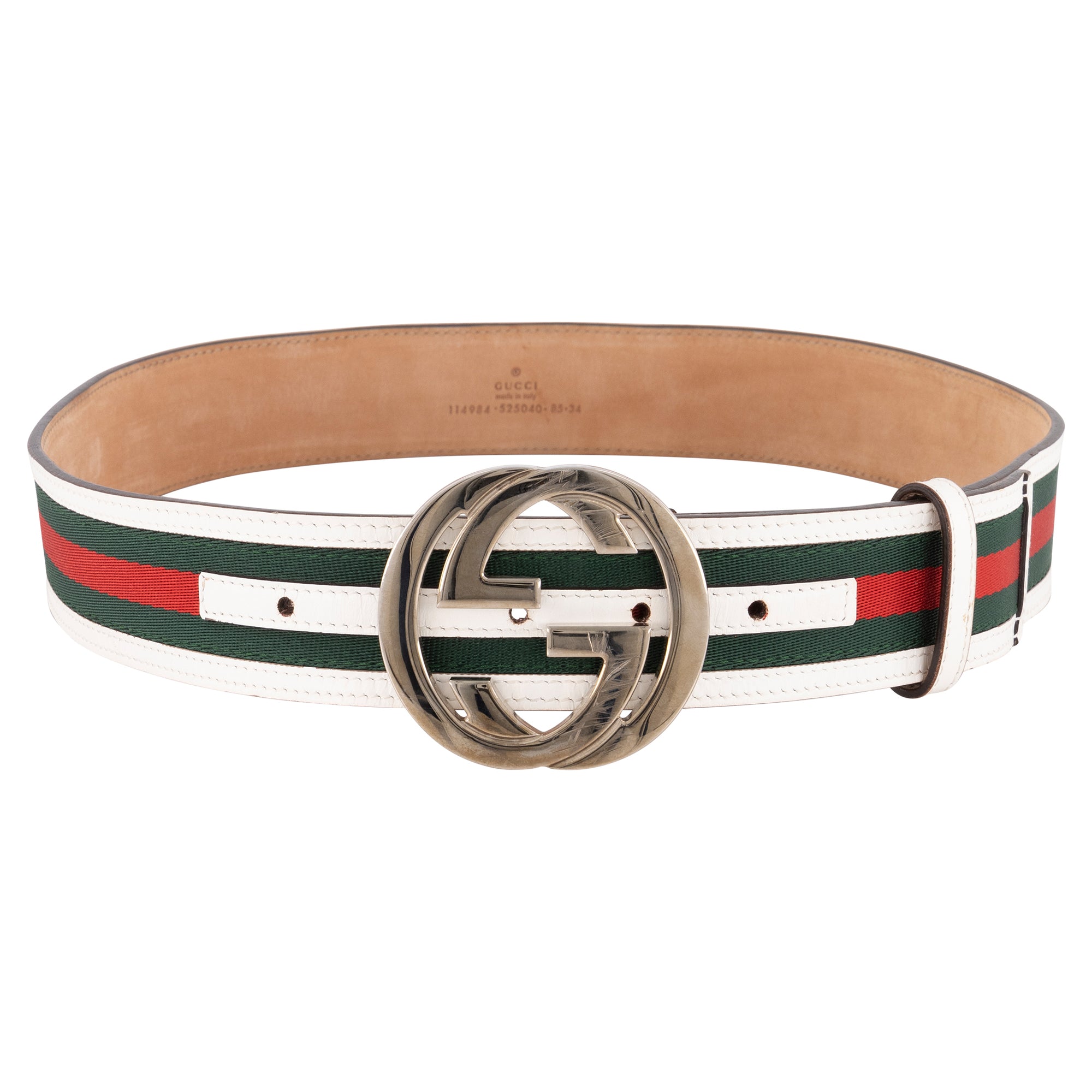 Gucci Silver Interlocking G Buckle Sherry Line Canvas and Leather Belt
