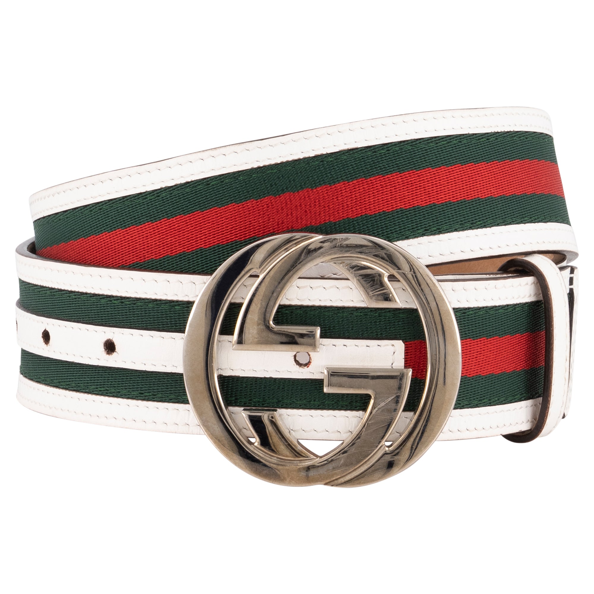 Gucci Silver Interlocking G Buckle Sherry Line Canvas and Leather Belt