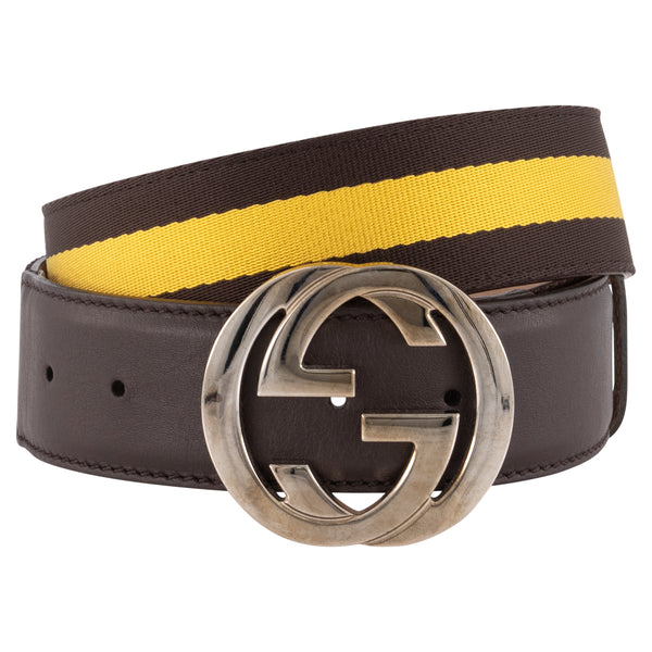 Gucci Brown/Yellow Canvas and Leather Interlocking G Buckle Belt
