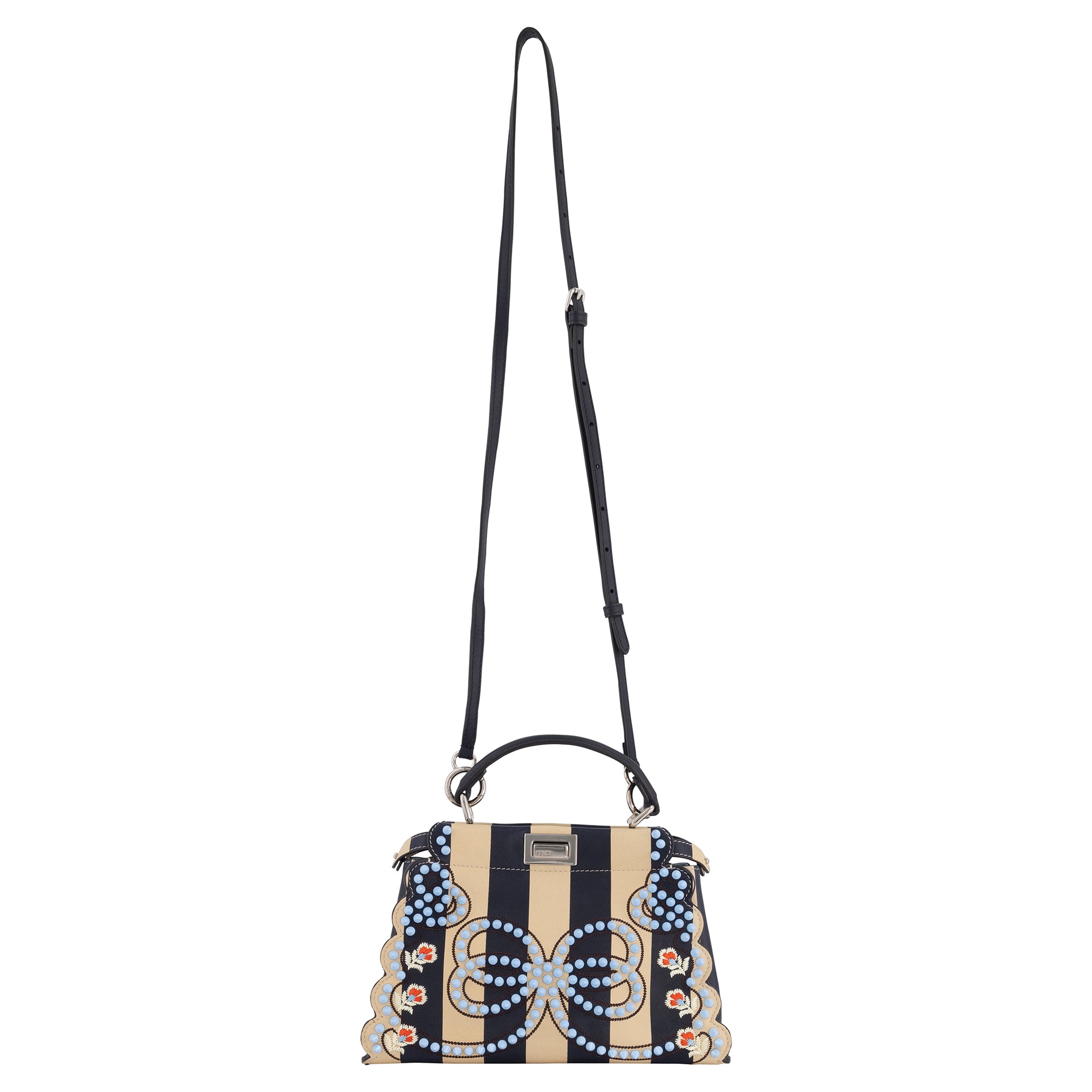 Fendi Black/Beige Leather Studded Ribbons Peekaboo Top Handle Bag