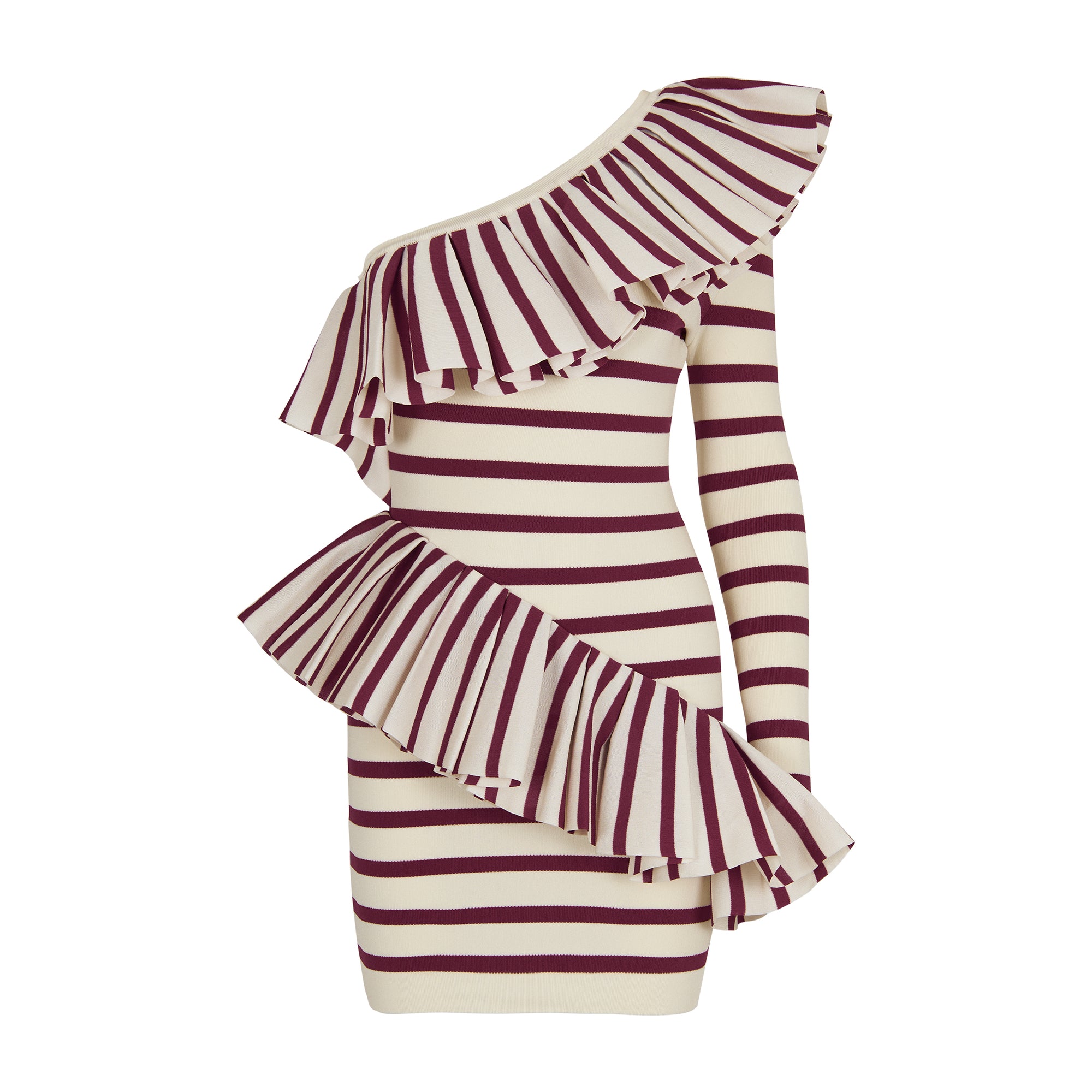 Balmain Asymmetric Ruffle-trimmed Striped Dress