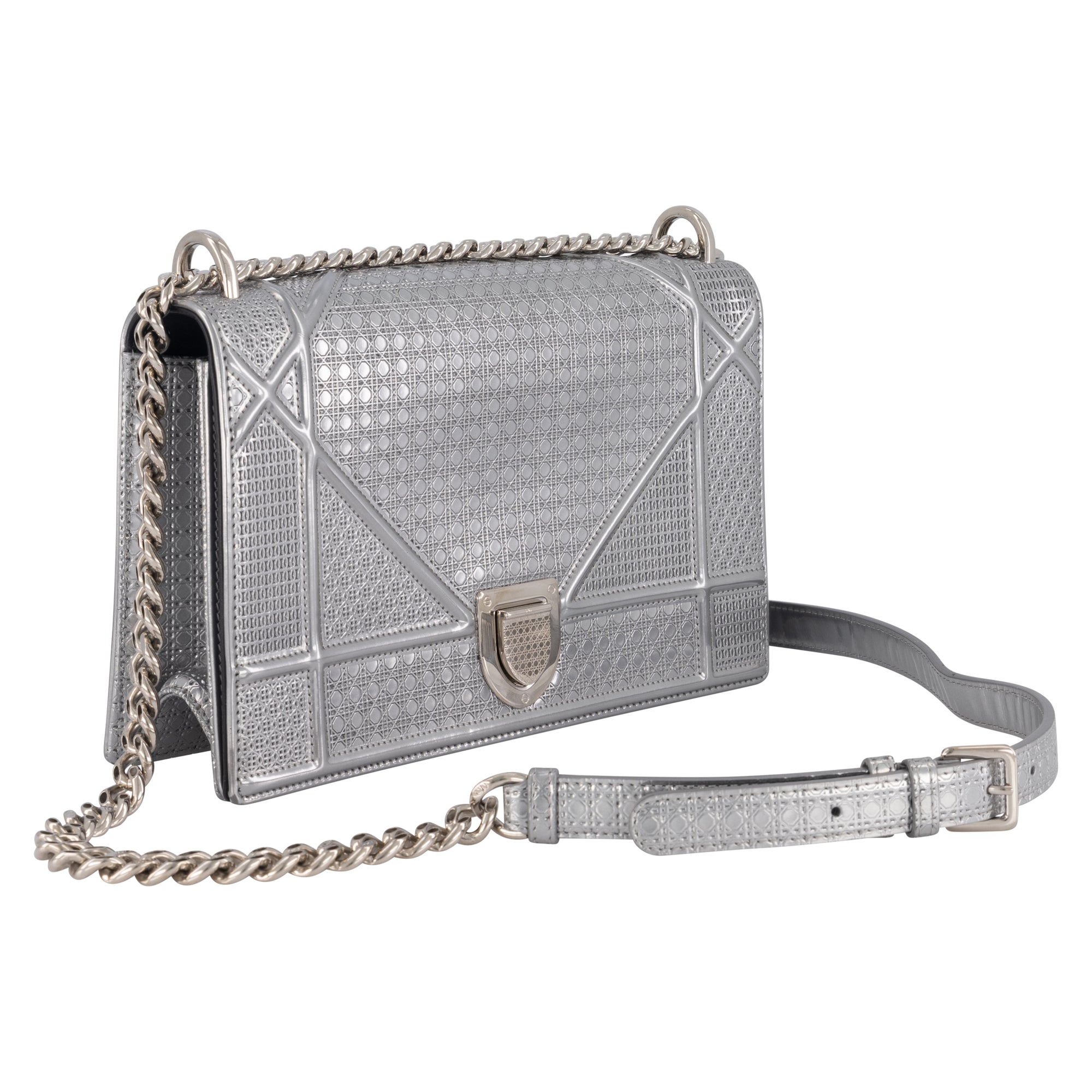 Dior Metallic Silver Micro Cannage Patent Leather Mini Diorama Chain Bag at  1stDibs