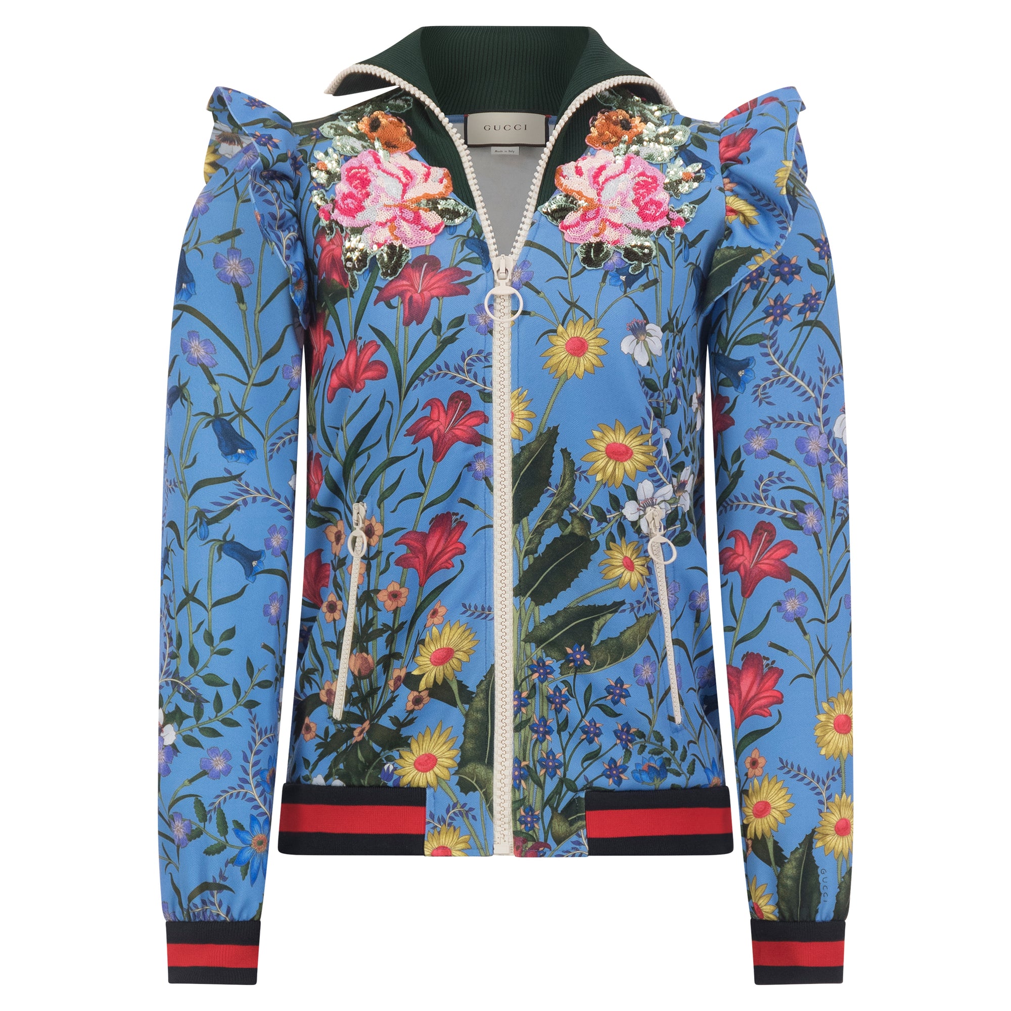 Gucci Women's Blue Floral Embellished Ruffle Shoulder Jacket