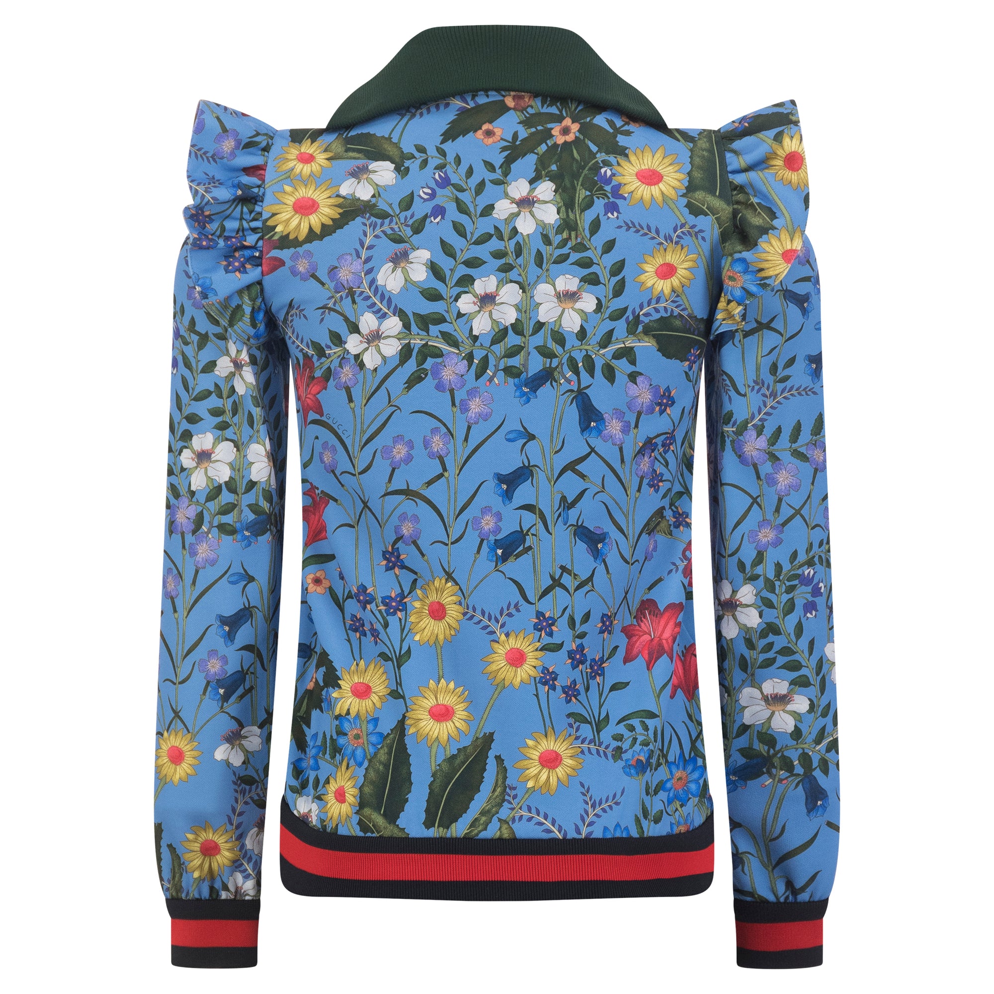 Gucci Women's Blue Floral Embellished Ruffle Shoulder Jacket