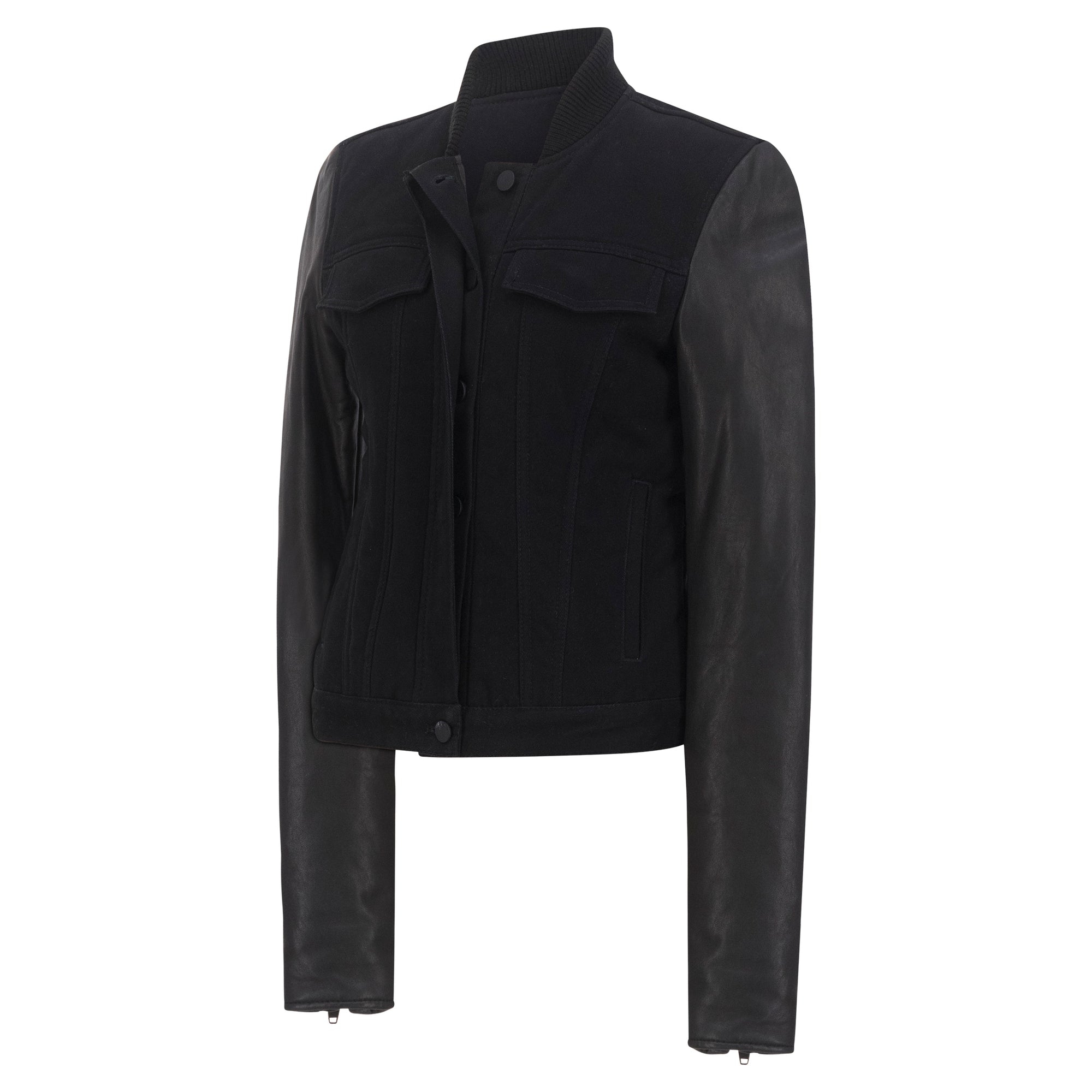 T by Alexander Wang Black Denim and Leather Varsity Bomber Jacket